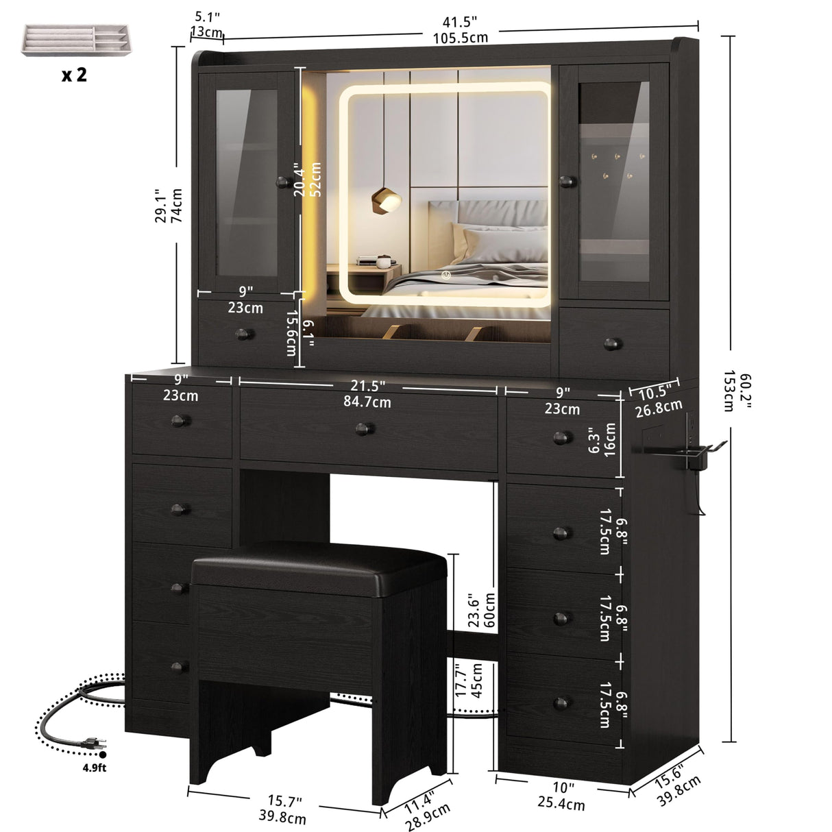 IRONCK Vanity Desk with LED Lights Mirror and Charging Station, Makeup Vanity Table with Jewelry Armoire, Storage Bench, and 11 Drawers,Black IRONCK