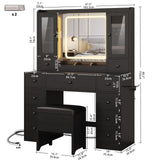 IRONCK Vanity Desk with LED Lights Mirror and Charging Station, Makeup Vanity Table with Jewelry Armoire, Storage Bench, and 11 Drawers,Black IRONCK