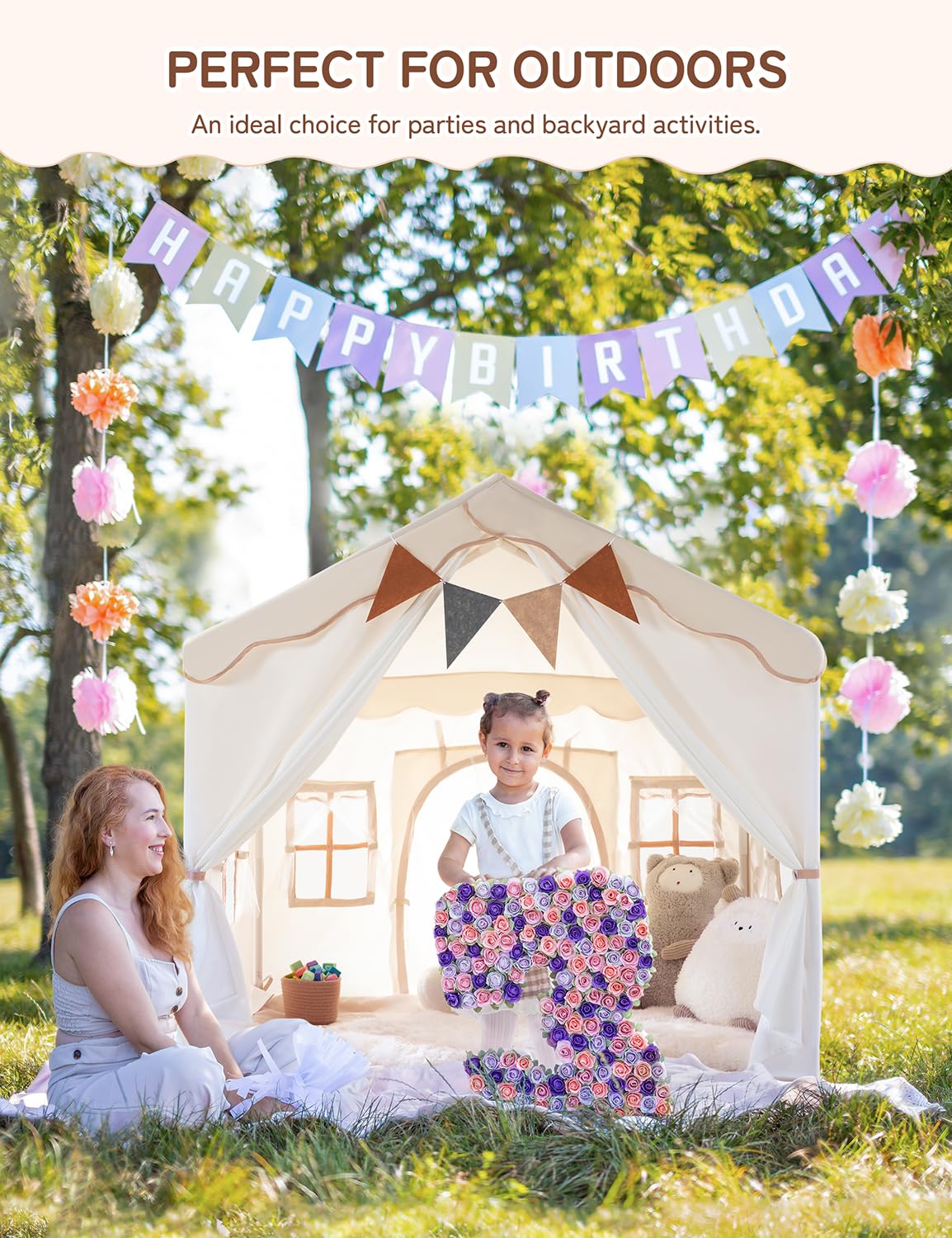 besrey Kids Tent, Kids Playhouse 2 in 1 with Padded Mat and String Lights, Large Play House with 2 Doors & 4 Windows, Kids Play Tent Indoor & Outdoor, Toddler Tent for Kids, 51" x35" x 51" besrey