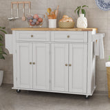 Rolling Kitchen Island with Drop Leaf – Movable Kitchen Carts on Wheels Island with Storage Cabinet, Island Table for Kitchen with Rubber Wood Top and Rack and Drawers, Matte, White Gitua