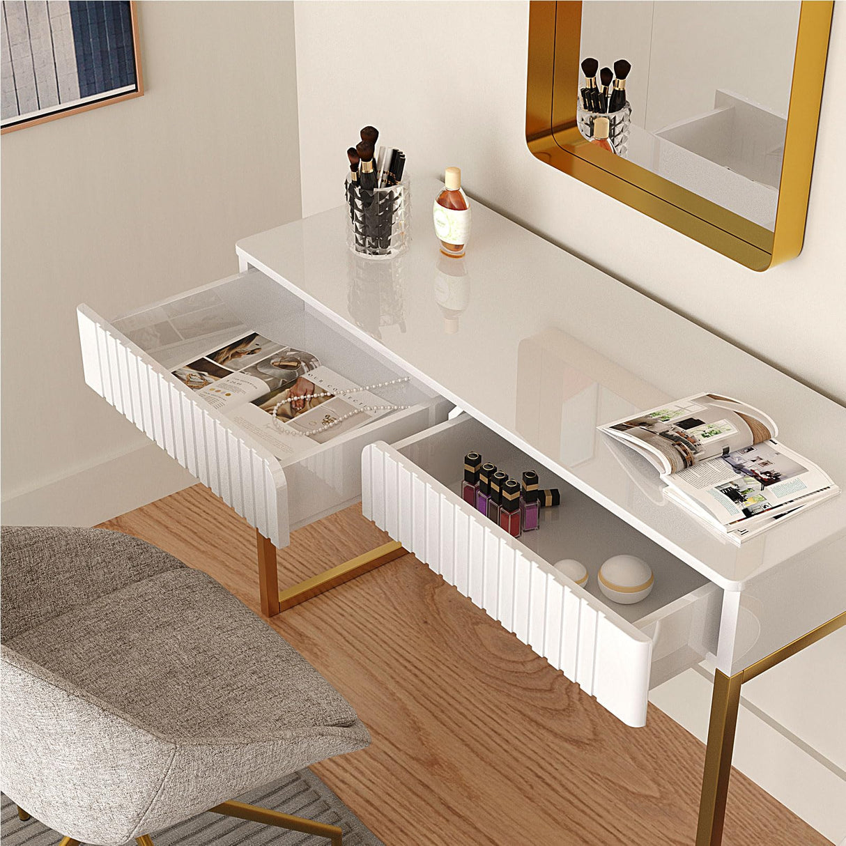 Tamworth Design Elegant Modern Desk, 2 Drawers, Gold Legs, 43.3x15.75 inches, Home Office, Makeup Vanity, Computer, Writing, Study, Entryway, Sofa Table Tamworth Design
