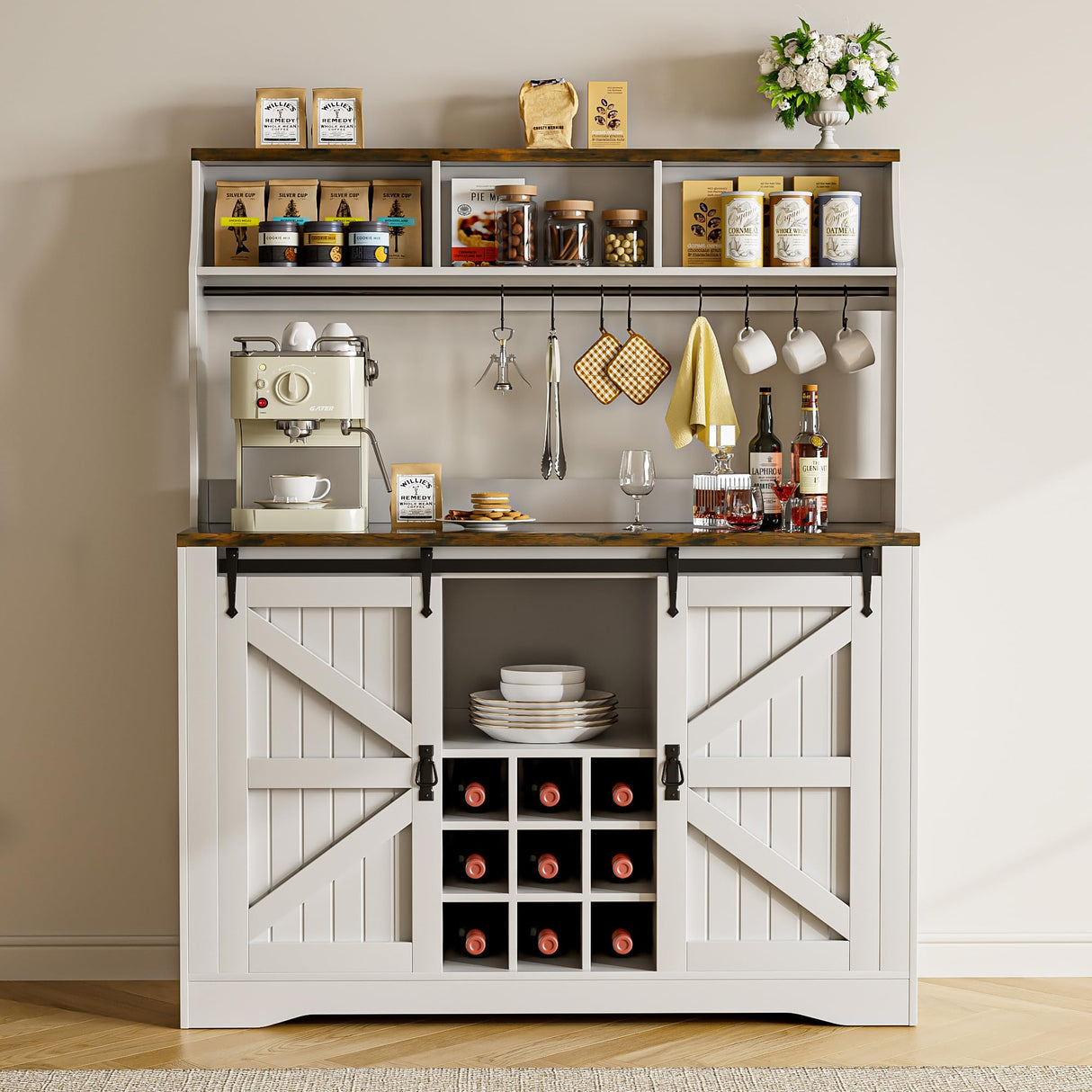 SYESWAY 57" Coffee Bar, Farmhouse Coffee Bar Cabinet with 3-Tier Storage, Tall Buffet Kitchen Hutch Cabinet with 8 Hooks & 9 Wine Racks, Wine Bar Cabinet for Home, Living Room, White SYESWAY
