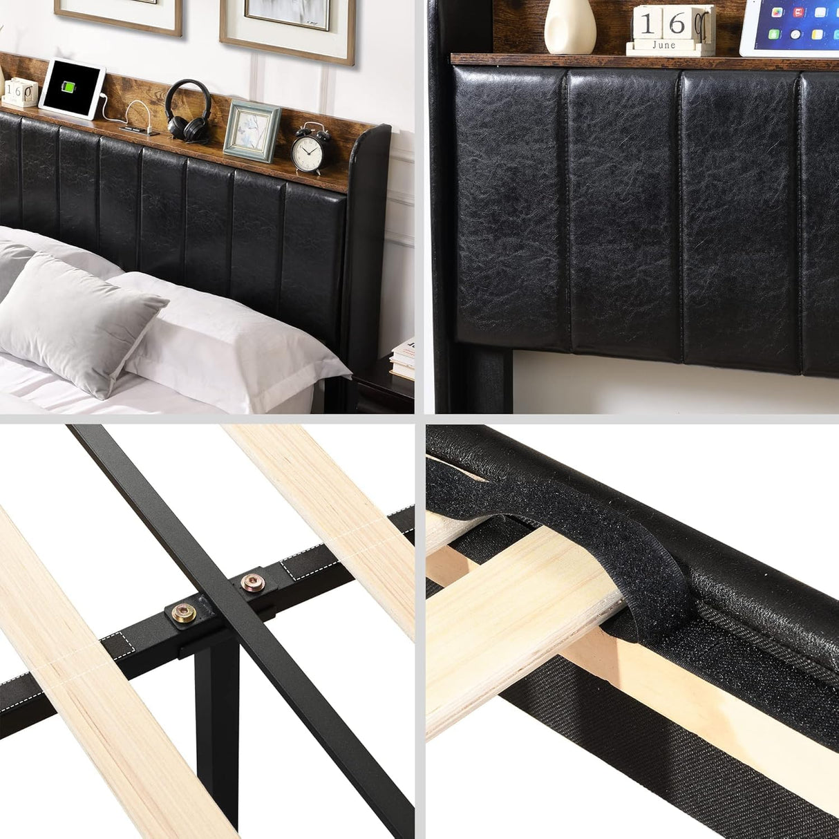 King Size Bed Frame with Headboard, Upholstered Platform Bed Frame with Charging Station & 2 Storage Drawers, Sturdy Wooden Slats Support, No Box Spring Needed, Easy Assembly, Noise Free, Black XKLOGER