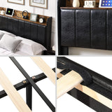 King Size Bed Frame with Headboard, Upholstered Platform Bed Frame with Charging Station & 2 Storage Drawers, Sturdy Wooden Slats Support, No Box Spring Needed, Easy Assembly, Noise Free, Black XKLOGER