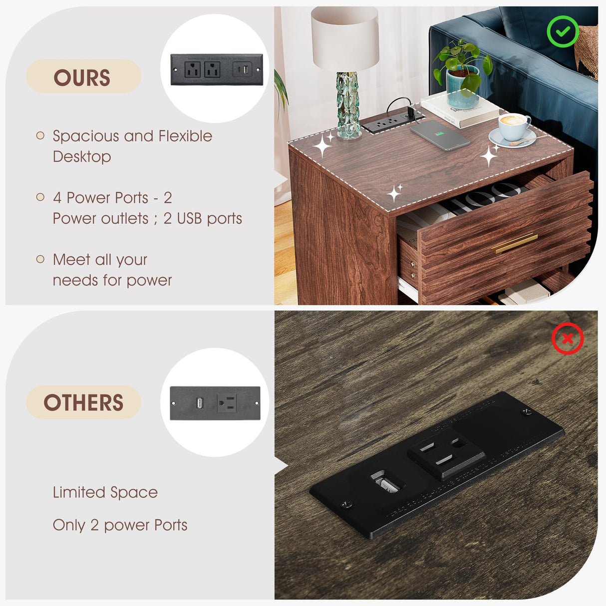 Night Stand with Charging Station Set of 2, Side Table with 2 Drawers, Mid Century Modern End Table with Storage, Wood Bedside Table with USB Ports and Outlets, Nightstand for Bedroom, Brown 2PCS Alohappy