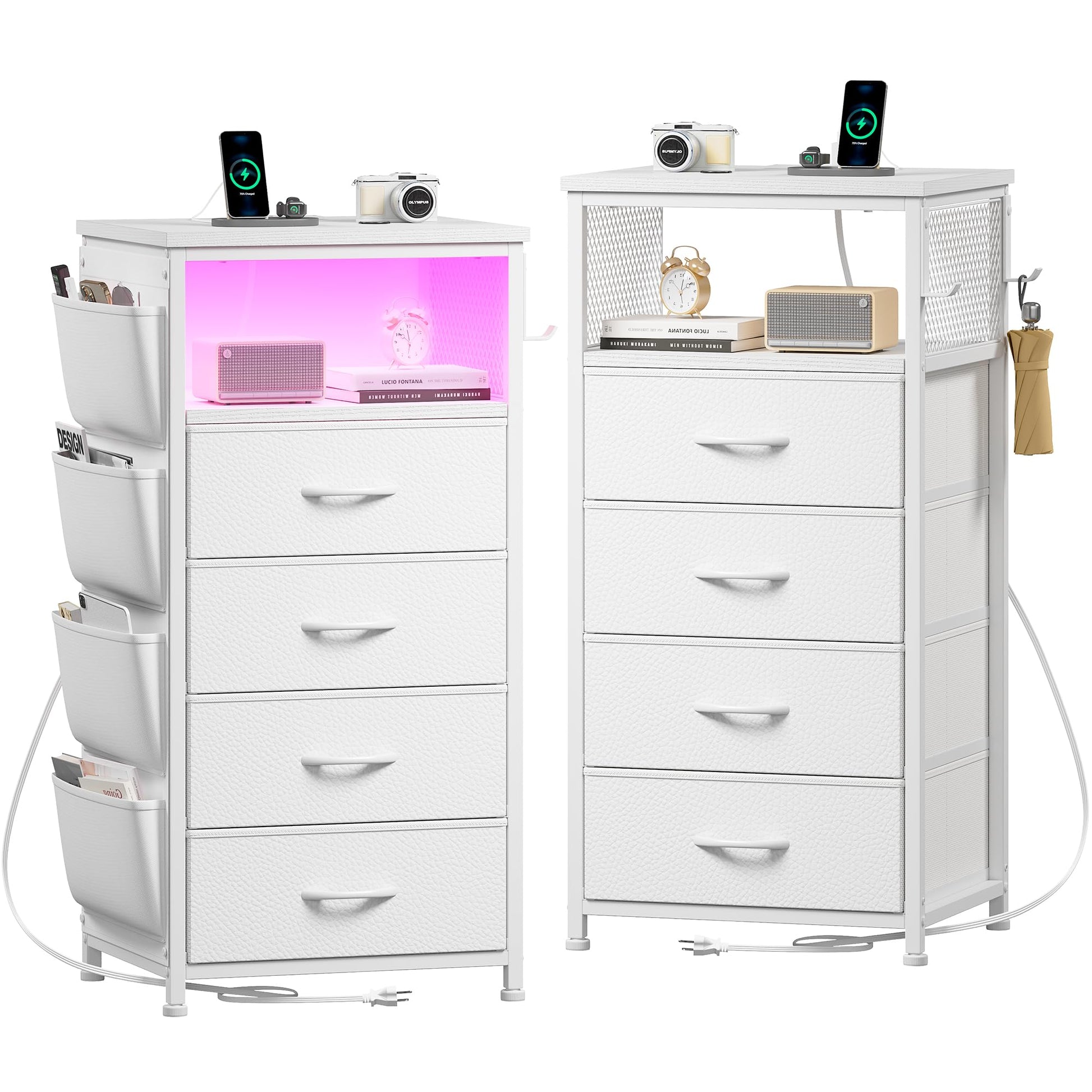 Enhomee Nightstands Set of 2 Nightstand with Charging Station & LED Lights Tall Nightstand with Cloth Bags & Hooks Modern Night Stand with Dresser Drawers and Storage Shelves White Nightstand - WoodArtSupply