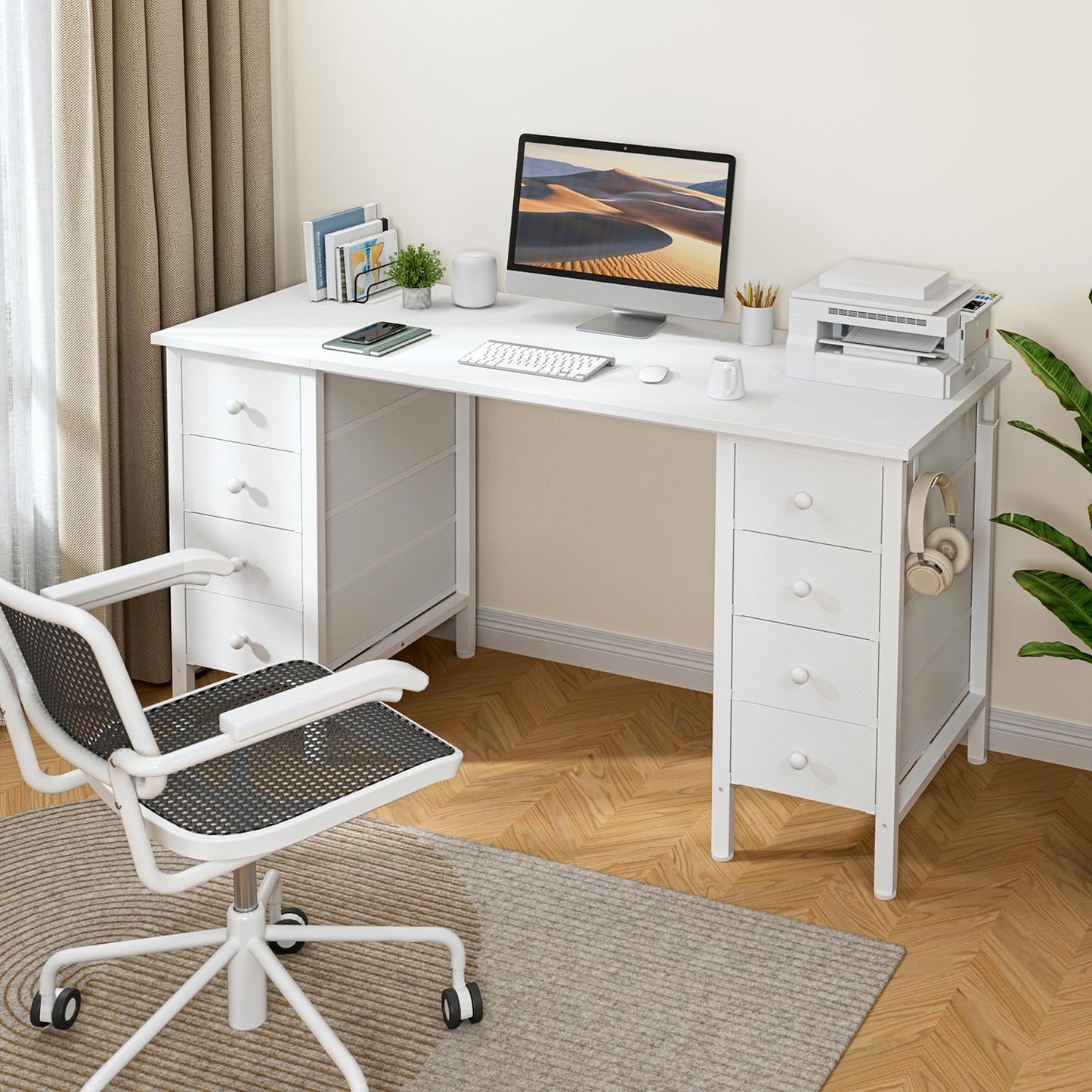 White Computer Desk with Fabric Drawers for Storage, 55 inch Home Office Desk with 8 Fabric Drawers, Writing Study Desk with Drawers on Both Sides for Bedroom