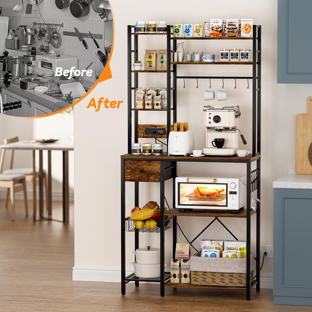 Artswish 72" Bakers Rack with Power Outlet, 8-Tier Freestanding Baker Racks Microwave Stand with Drawer, Coffee Bar Station with Basket and 10 S Hooks, Kitchen Appliance Shelves Rack, Rustic Brown Artswish