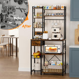 Artswish 72" Bakers Rack with Power Outlet, 8-Tier Freestanding Baker Racks Microwave Stand with Drawer, Coffee Bar Station with Basket and 10 S Hooks, Kitchen Appliance Shelves Rack, Rustic Brown Artswish