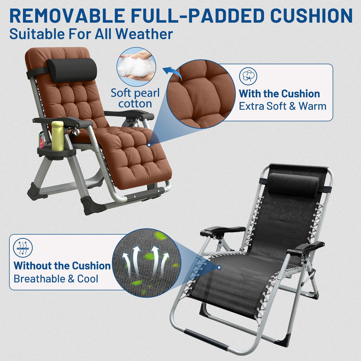 YOMIFUN Oversized Zero Gravity Chair, XL Lounge Chair 29” Width, Padded Recliner Chair W/Removable Cushion & Adj Headrest, Storage Bag, Footrest Cushion, Cup Holder, for Indoor Outdoor, Brown YOMIFUN