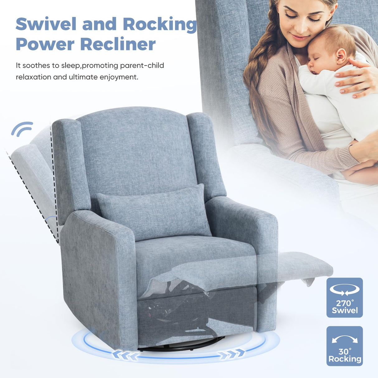 SENYUN Power Recliner Chair Swivel Glider, Large Nursery Glider w/USB Charging Port, Chenille Upholstered Rocker Recliner for Bedroom,Nursery,Living Room,1PC,Blue SENYUN