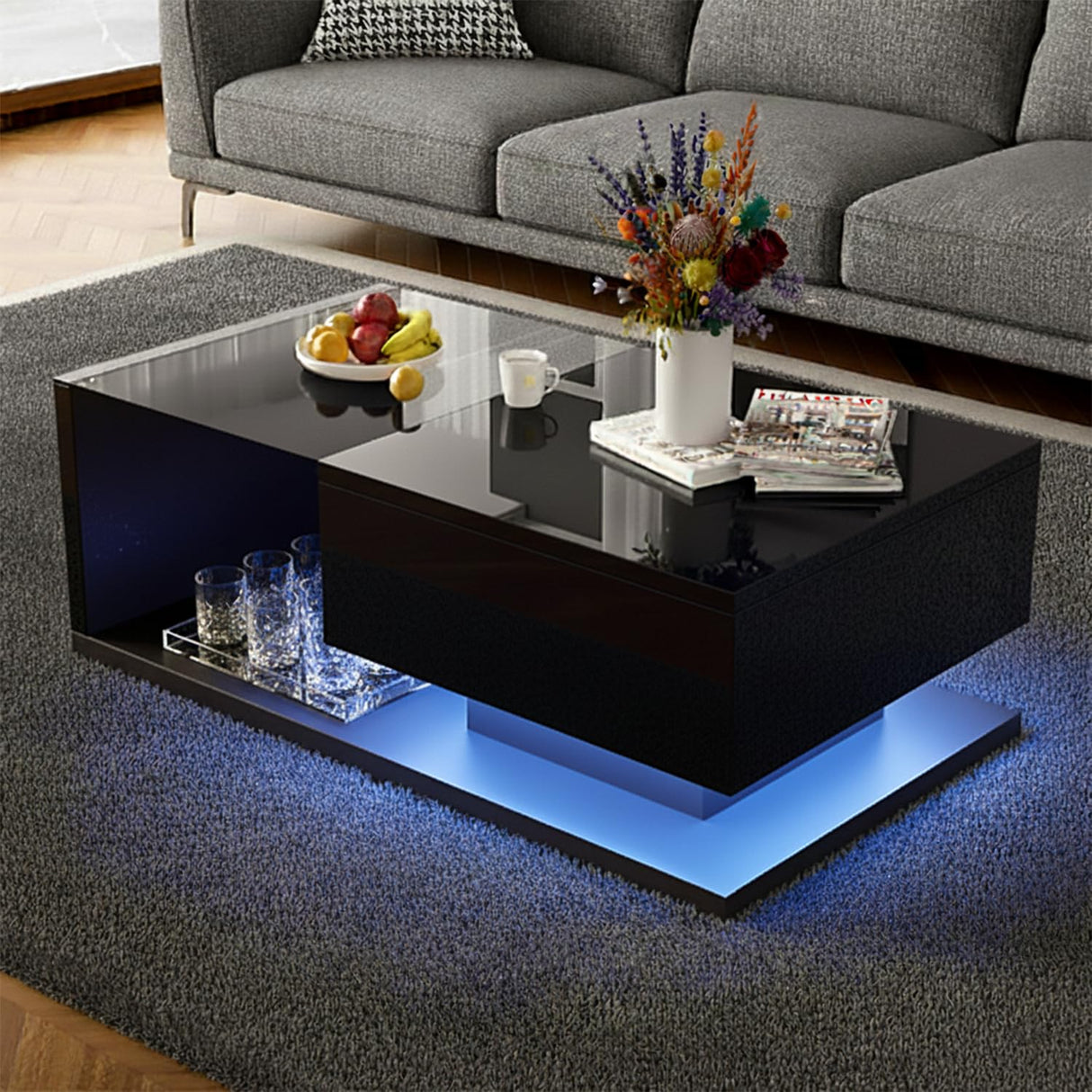 holzart Modern High Gloss Coffee Table with LED Lights & Storage, Black 2-Tier Rectangular Table with Tempered Glass Top and Drawer, Center Table for Living Room, Gaming & Movie Night holzart
