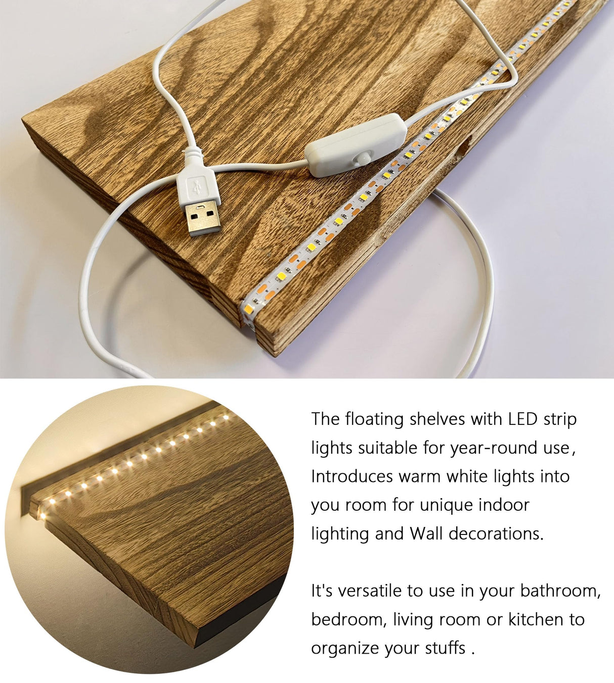 Floating Shelves for Wall Decor Wood Wall Mounted Shelves with LED Lights Set of 2, Sturdy Rustic Wood Shelves Farmhouse Shelf Hanging for Bedroom, Bathroom, Living Room, Kitchen (Usb Powwer) Comtelek