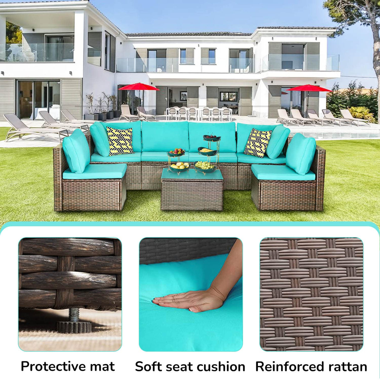 PayLessHere Patio Furniture Set 7 Pieces Outdoor Furniture Wicker Conversation Set Sectional Sofa and Coffee Table Wicker Patio Conversation Sets for Backyard Porch Balcony Poolside,Blue Cushion PayLessHere
