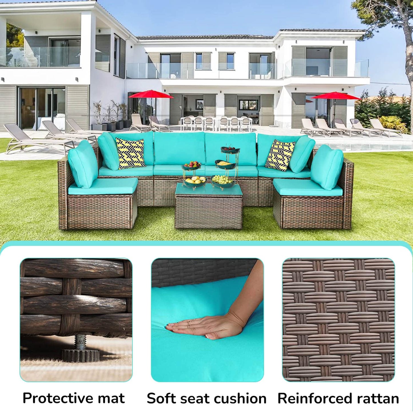 PayLessHere Patio Furniture Set 7 Pieces Outdoor Furniture Wicker Conversation Set Sectional Sofa and Coffee Table Wicker Patio Conversation Sets for Backyard Porch Balcony Poolside,Blue Cush - WoodArtSupply