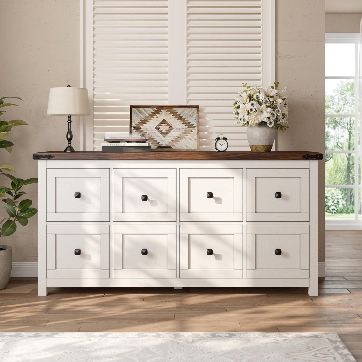 EnHomee Farmhouse 8 Drawer Dresser for Bedroom,Wood Dressers and Chests of Drawers with Texture TV Stand for Bedroom, Hallway, Closet,Antique White EnHomee