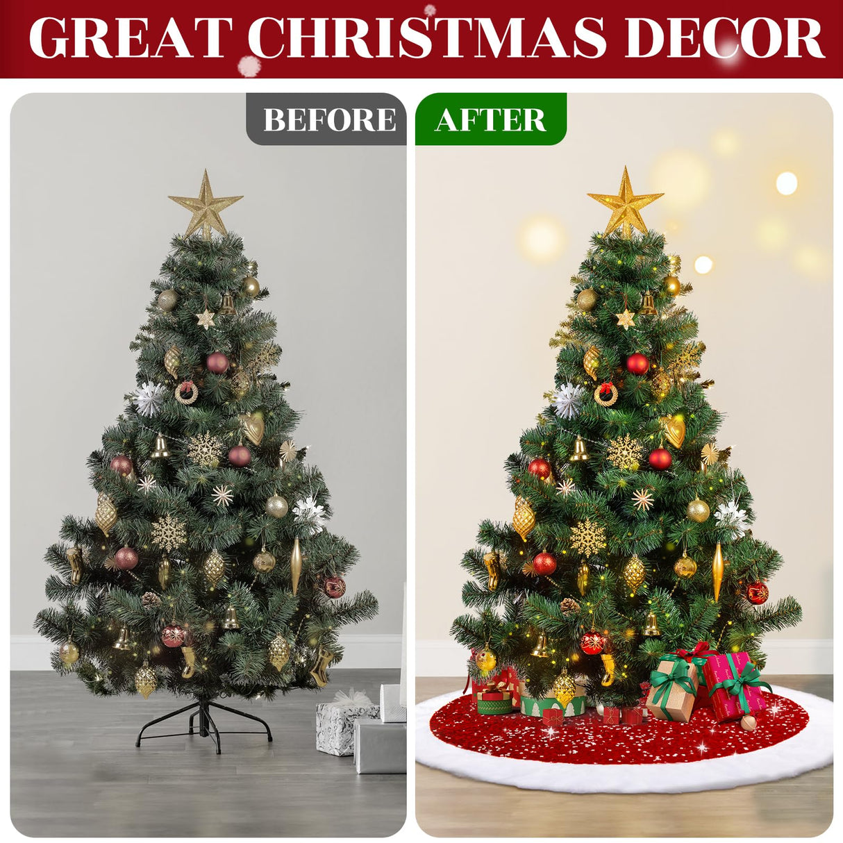 EverMerry Christmas Tree Skirt, Christmas Skirt Tree for 6ft Tree, 36 inches Thick Red Velvet with Sequin and White Plush Tree Skirts for Christmas Tree and Holiday Party Decorations EverMerry