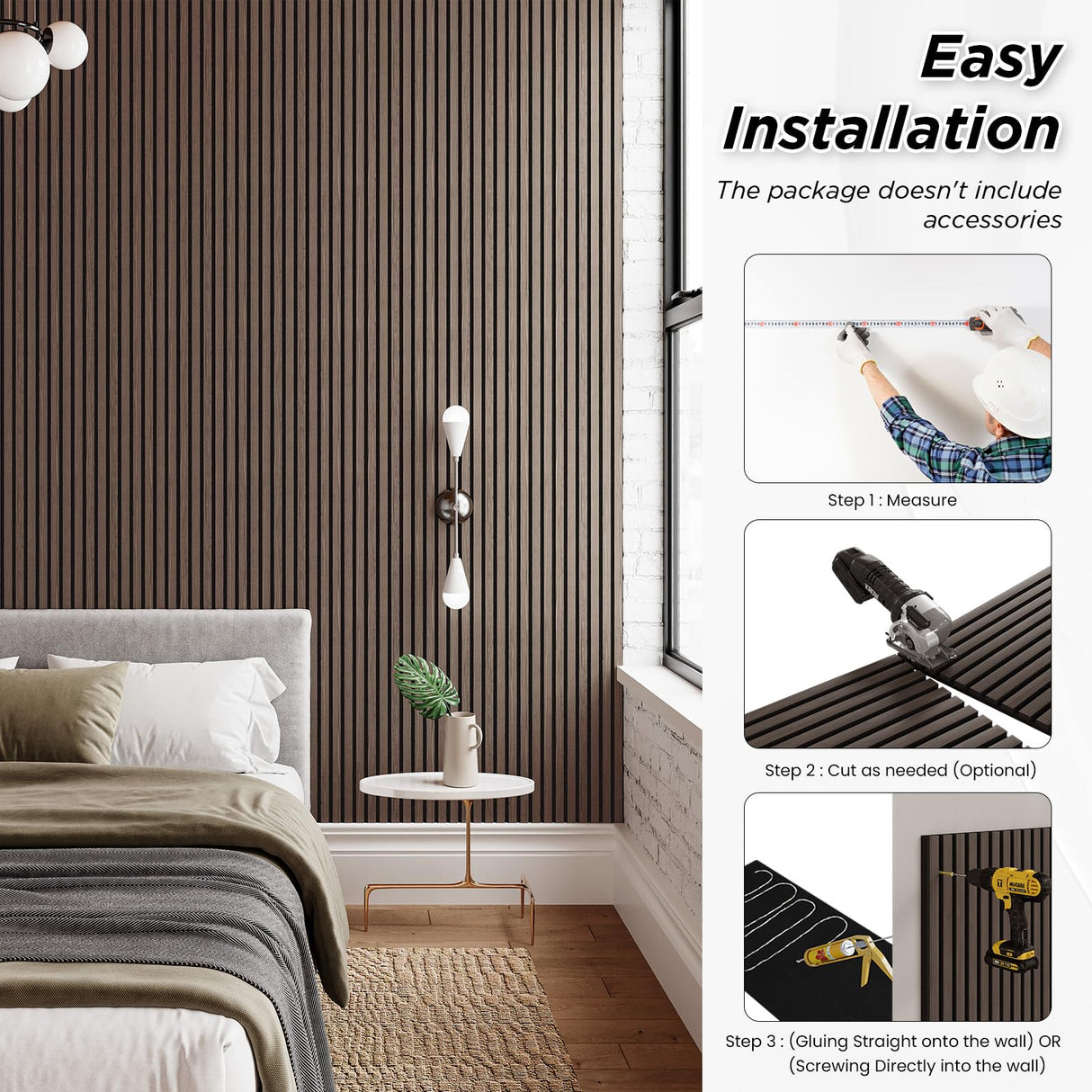 Smartstandard 4 Pack 106" x 12.6" Wood Slat Wall Panels, Soundproof Wooden Wall Panels, Acoustic Wood Panels for Wall, 3D Fluted Wood Panels for Interior Wall Decor, Dark Walnut SMARTSTANDARD