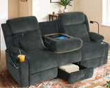 ABCASA 3 Seater Recliner Sofa, Manual Reclining Couch with Flip Middle Backrest, Phone Holder, Side Pocket, Drawer, Power Outlet, Reclining Sleeper for Living Room, Home Theater & RV (Textile - Gray) ABCASA