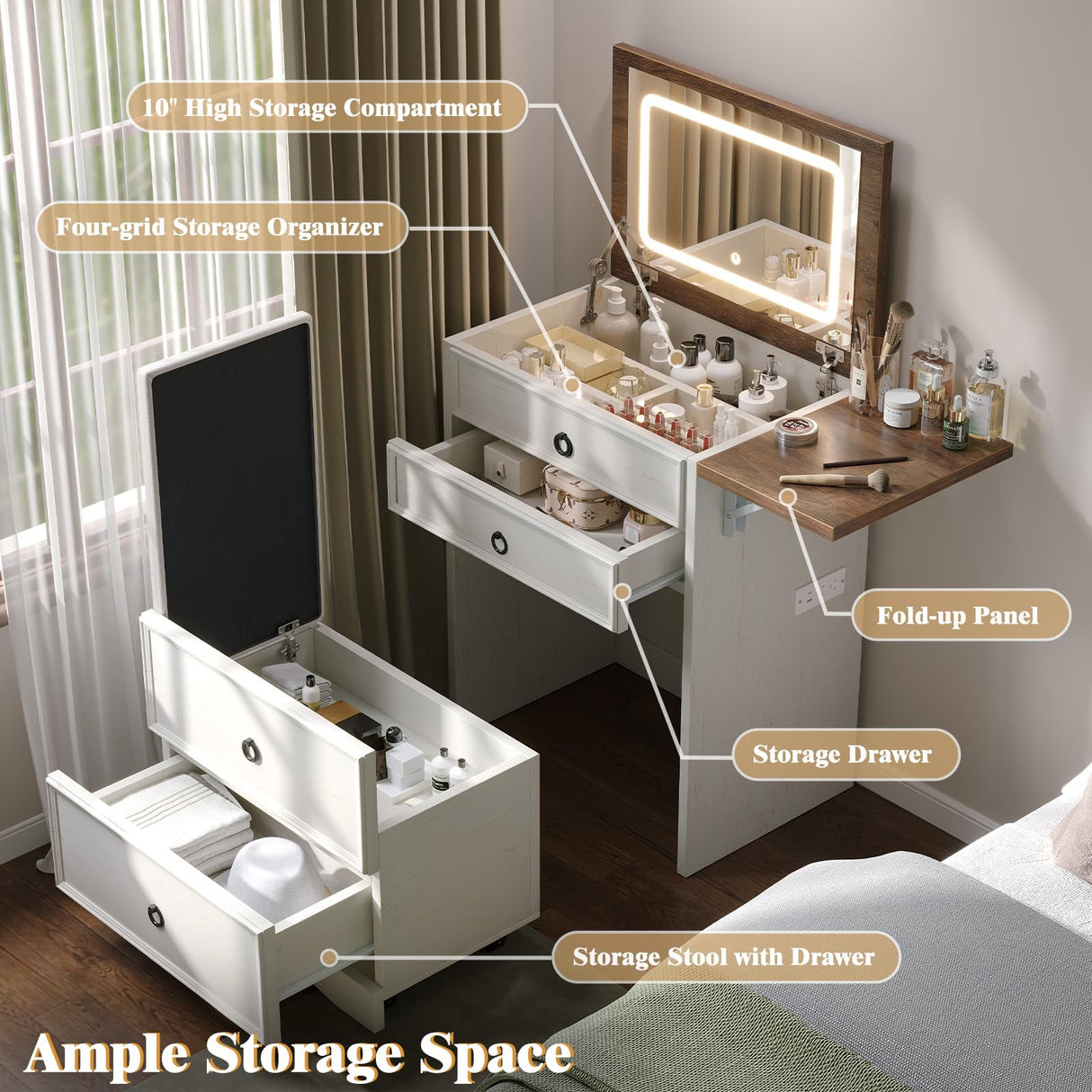 LUXOAK 3-in-1 Vanity Set with LED Lighted Flip Top Mirror, Makeup Table with Fold-Up Panel, Hidden Stool, Charging Station, Small Vanity for Bedroom & Dressing Room, Rustic White LUXOAK
