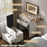 LUXOAK 3-in-1 Vanity Set with LED Lighted Flip Top Mirror, Makeup Table with Fold-Up Panel, Hidden Stool, Charging Station, Small Vanity for Bedroom & Dressing Room, Rustic White LUXOAK