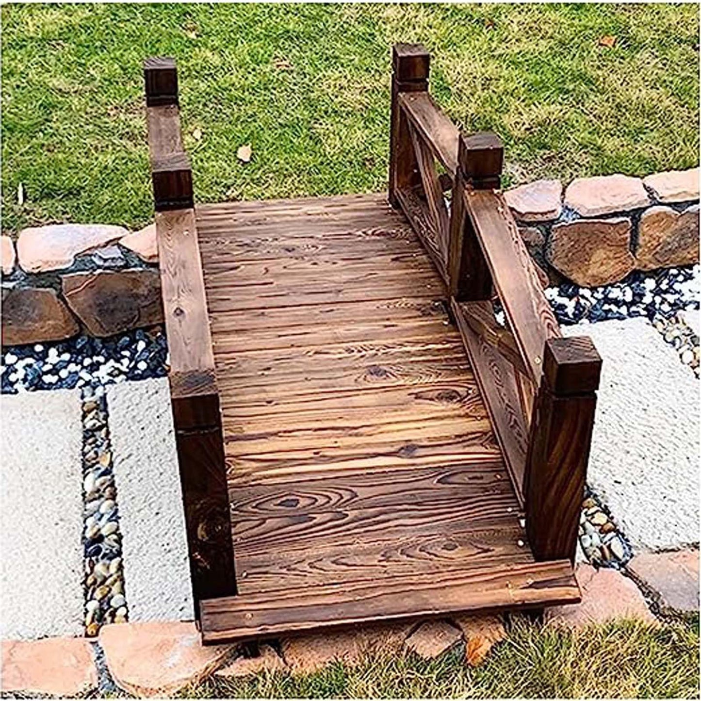 5 FT Wooden Garden Bridge, Classic Wood Arc Footbridge w/Safety Rails & 400 lbs Capacity, Decorative Pond Bridge for Outdoor Garden Yard Back Yard Creek Farm - WoodArtSupply