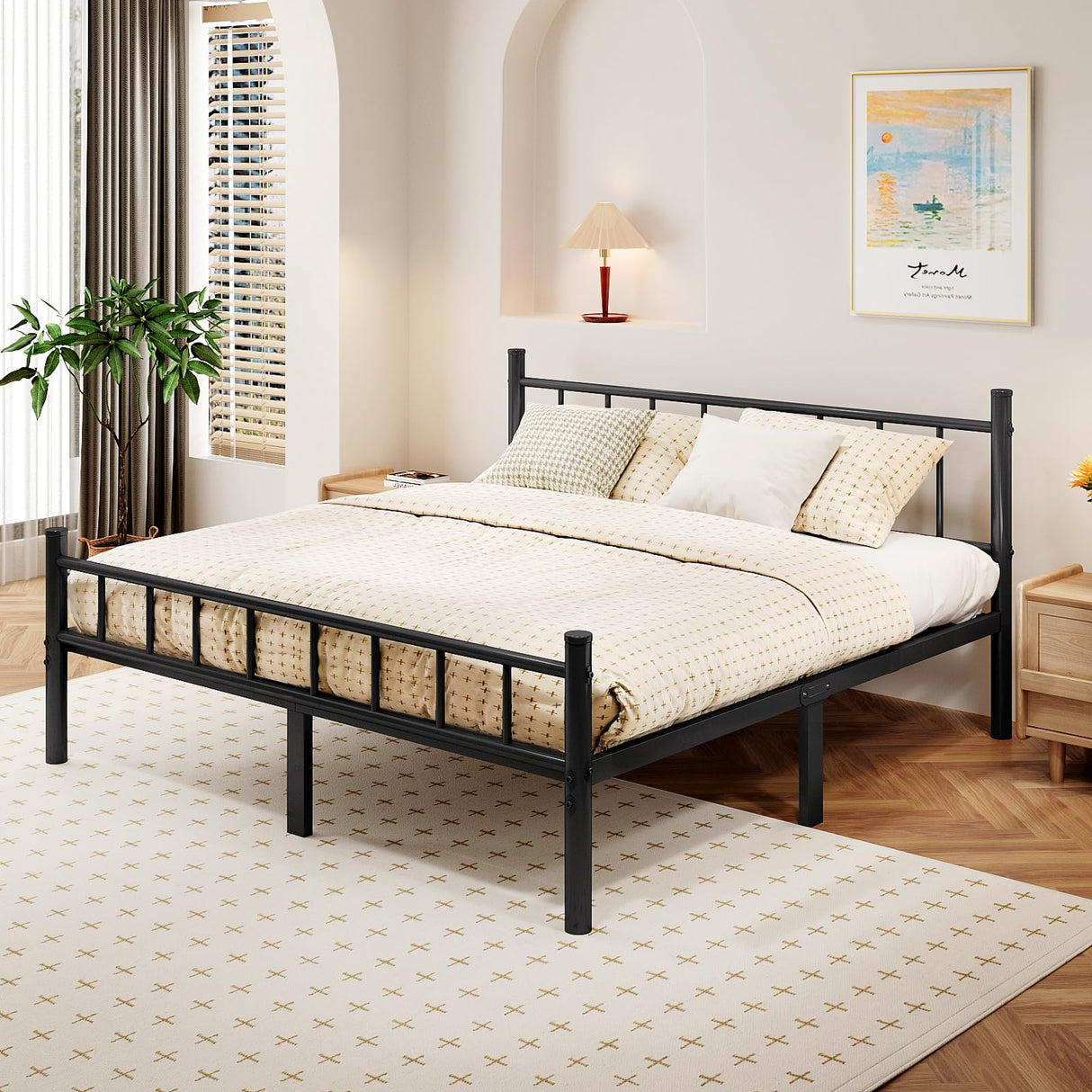 zizin King Size Metal Bed Frame with Headboard & Footboard 14 Inch Metal Platform Mattress Foundation Support with Steel Slat, Under Bed Storage, No Box Spring Needed zizin