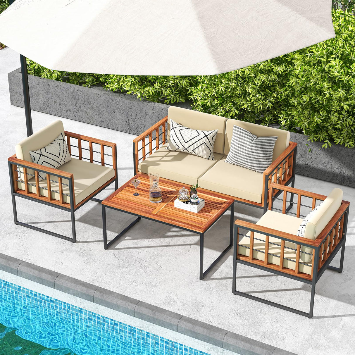 Tangkula Acacia Wood Outdoor Sofa Set, 4 Pieces Outdoor Furniture Set with Heavy Duty Metal Frame, Soft Seat & Back Cushions, for Balcony, Porch, Backyard or Poolside (1, Beige) Tangkula