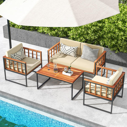 Tangkula Acacia Wood Outdoor Sofa Set, 4 Pieces Outdoor Furniture Set with Heavy Duty Metal Frame, Soft Seat & Back Cushions, for Balcony, Porch, Backyard or Poolside (1, Beige) - WoodArtSupply