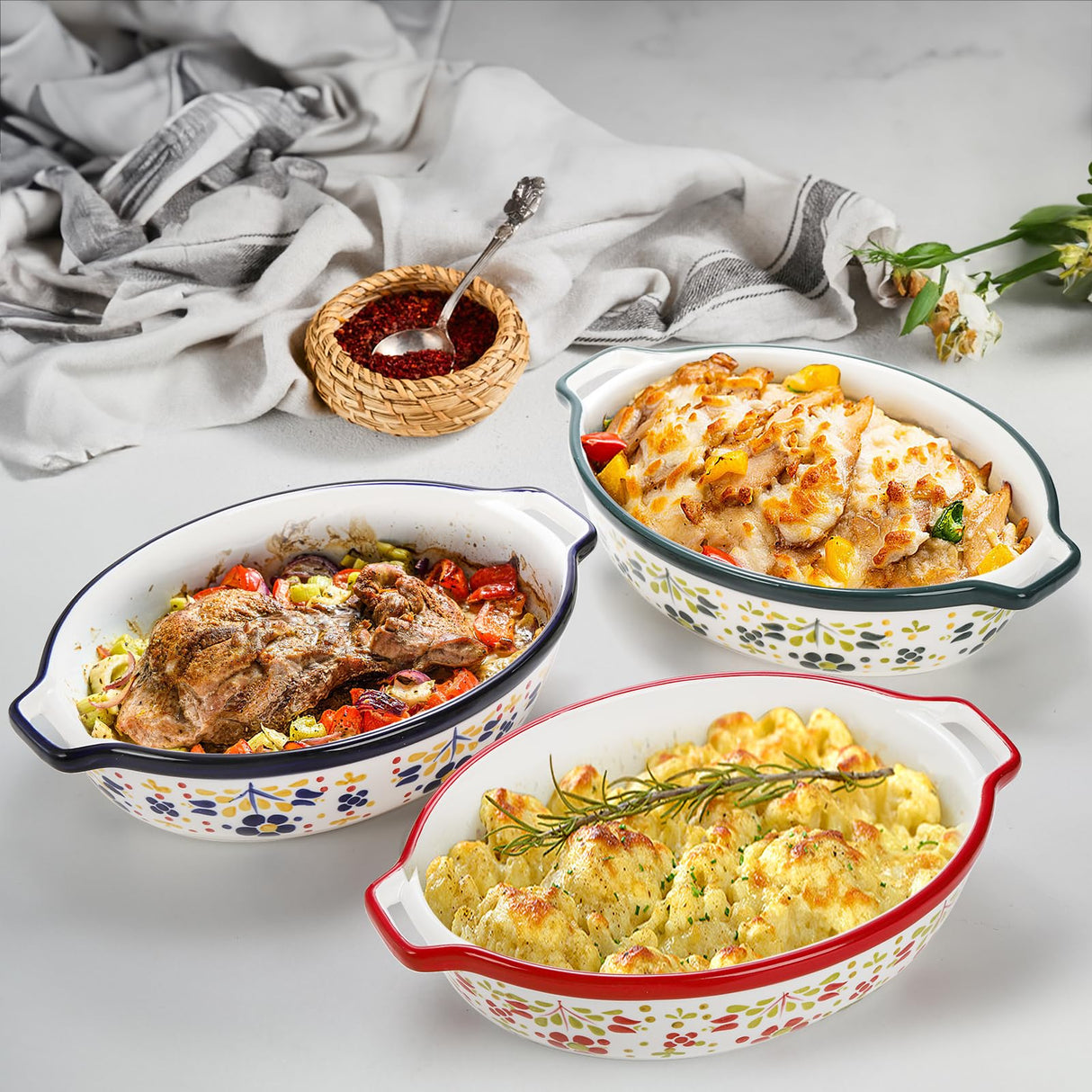 Peohud 3 Pack Ceramic Baking Dishes, 50 Oz Large Casserole Dish for Oven, Oval Au Gratin Pans, Porcelain Bakeware Set Lasagna Pans for Cooking, Cake Dinner, Kitchen, 10 x 7.9 x 2.6 Inches Peohud