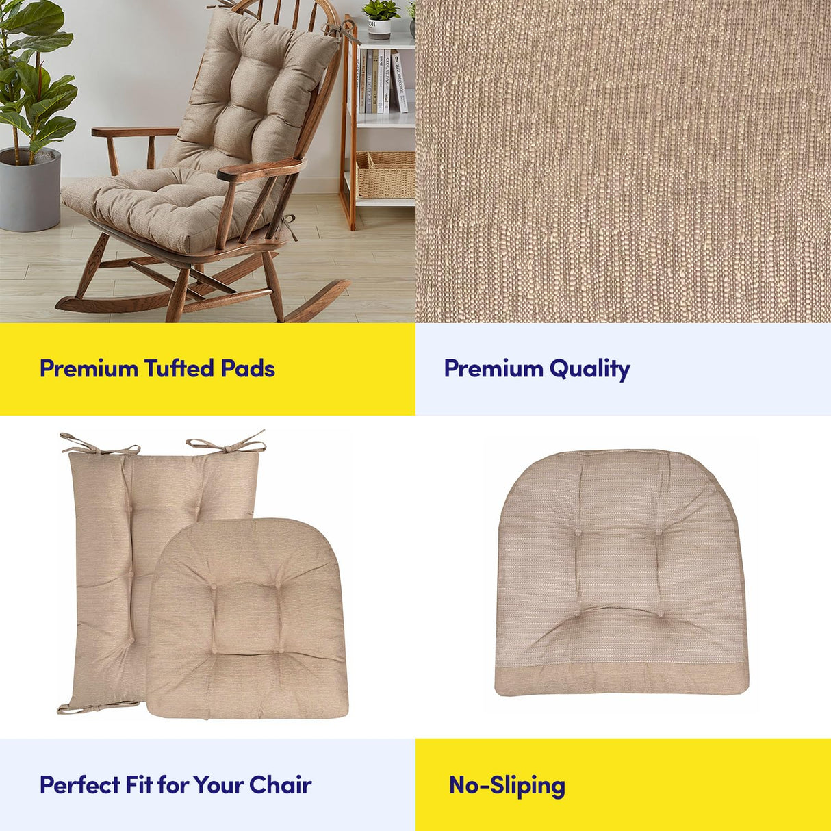 Sweet Home Collection Rocking Chair Cushion Premium Tufted Pads Non Skid Slip Backed Set of Upper and Lower with Ties, 1 Count (Pack of 1), Taupe Sweet Home Collection