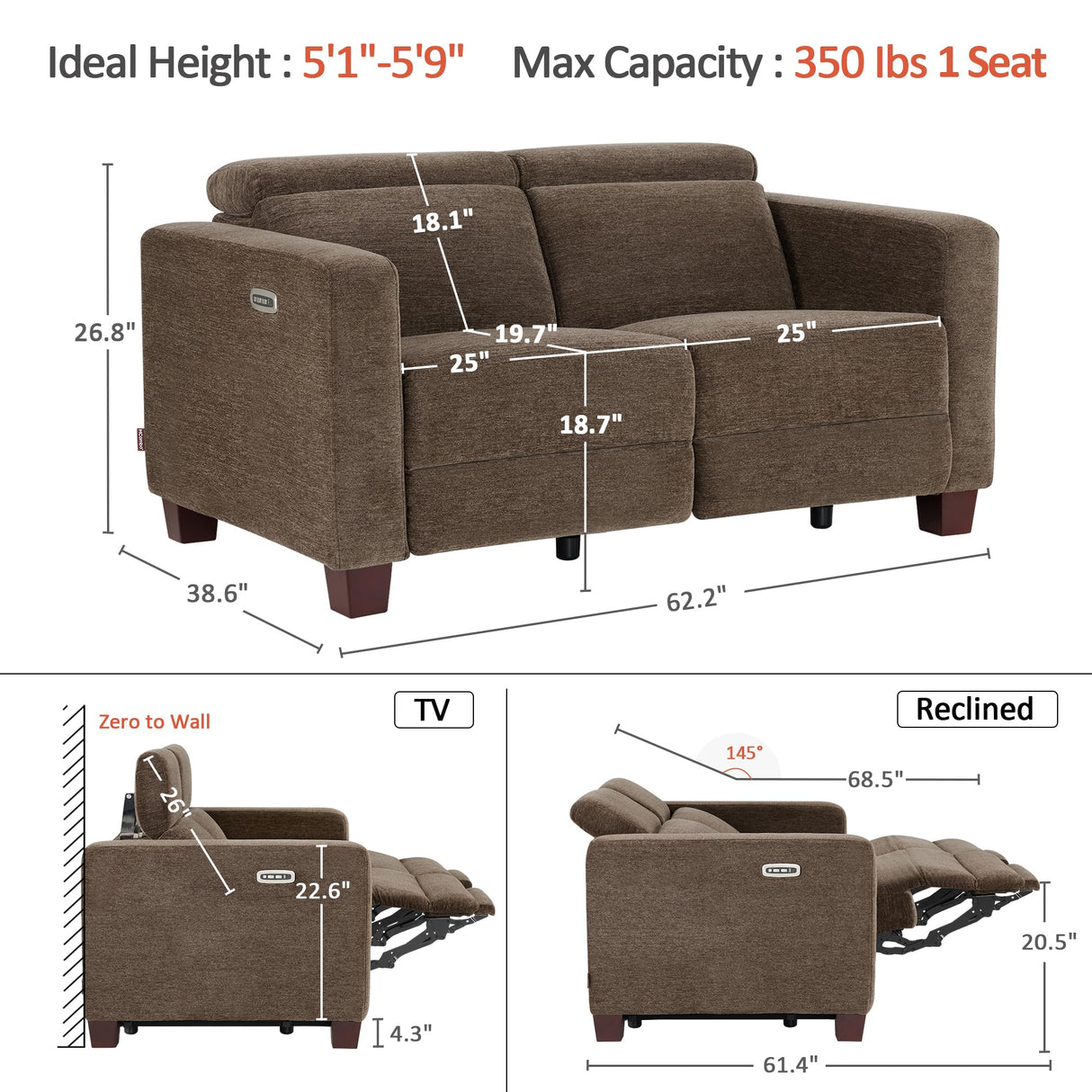 MCombo 62.2'' Wall Hugger Power Loveseat Recliner Sofa with Adjustable Headrest and USB & Type C Dual Charge Ports for Living Room, Office (Fabric, HL198M1) (Coffee) MCombo