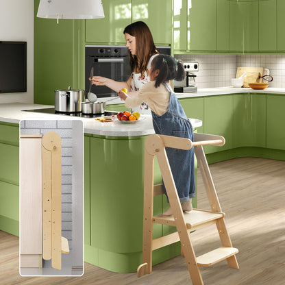 Foldable Toddler Tower 95% Preassembled Kitchen Stool Helper Folding Step Stool for Kids Montessori Toddler Standing Tower with 3 Adjustable Height Helper Tower for Kitchen Counter Sink Natural