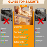 Makeup Vanity with Glass Top, White Vanity Desk with Mirror and Lights, Big Vanity with Drawers & Cabinets for Bedroom, Cute Vanity with Crystal Knobs & Power Outlet for Women, Girls IFSEB