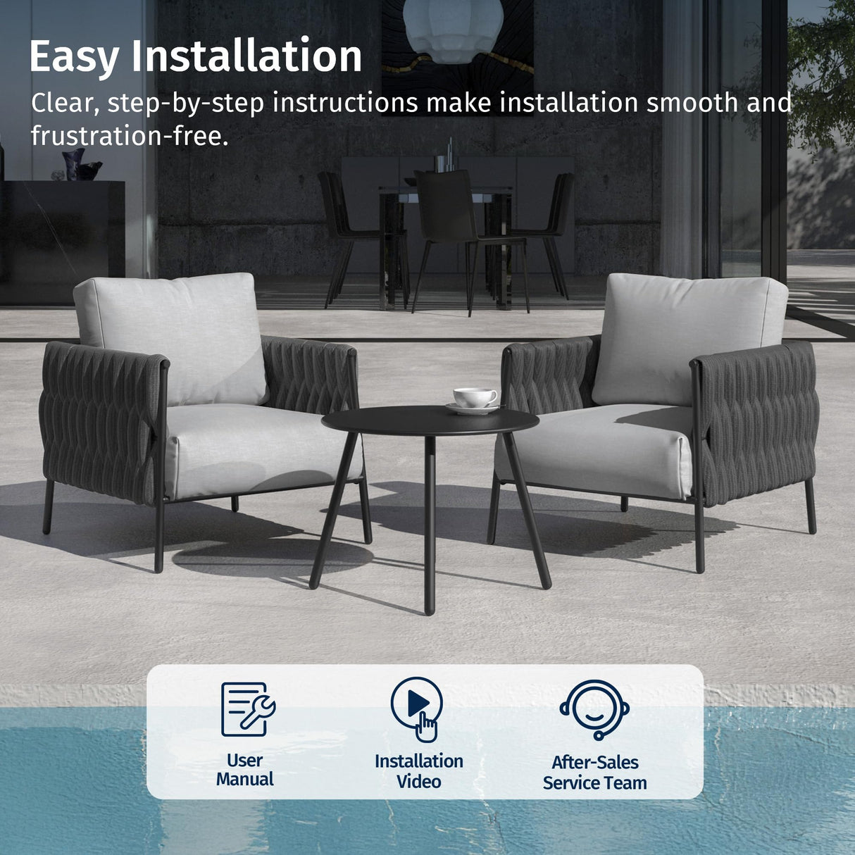 EAST OAK 3-Piece Patio Furniture Set | Armchairs & Coffee Table | Outdoor Furniture with Cushions | Deep Seating Modern Conversation Set | Garden, Porch, Balcony & Backyard | Misty Grey EAST OAK