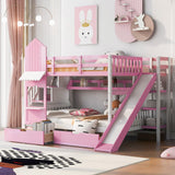 SIYSNKSI Full-Over-Full Castle Style Bunk Bed with 2 Drawers and 3 Shelves, Wood Bunk Bed Frame with Slide and Storage Staircase for Kids Teens Boys Girls, Maximize Space Savings SIYSNKSI
