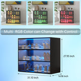 Stackable Sneaker Storage with LED Lights for Up to 9 Pairs of Shoes, Three Layers Shoe Rack with Thick Glass Door, Clear Shoe Boxes Sleek Wooden Showing Shoe Rack for Space Saving, Black Banzeem