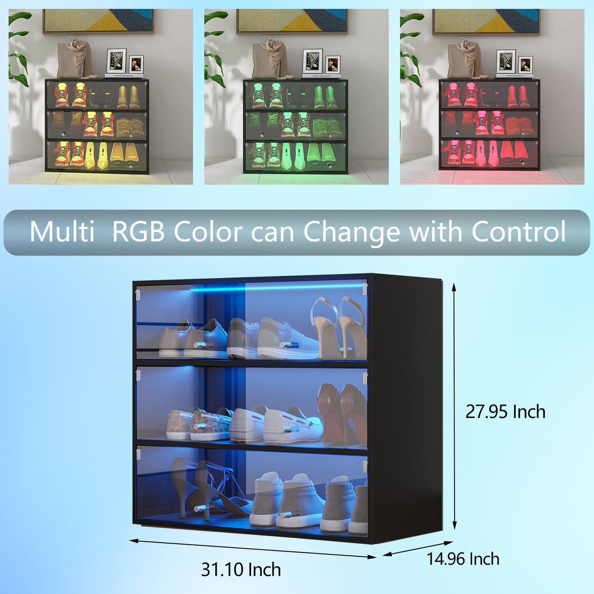 Banzeem LED Sneaker Storage with Sliding Glass Doors for Up to 9 Pairs of Shoes, Sneaker Case for Sneakerheads, Clear Shoe Boxes Stackable and Wooden Showing Shoe Rack for Space Saving, Black Banzeem