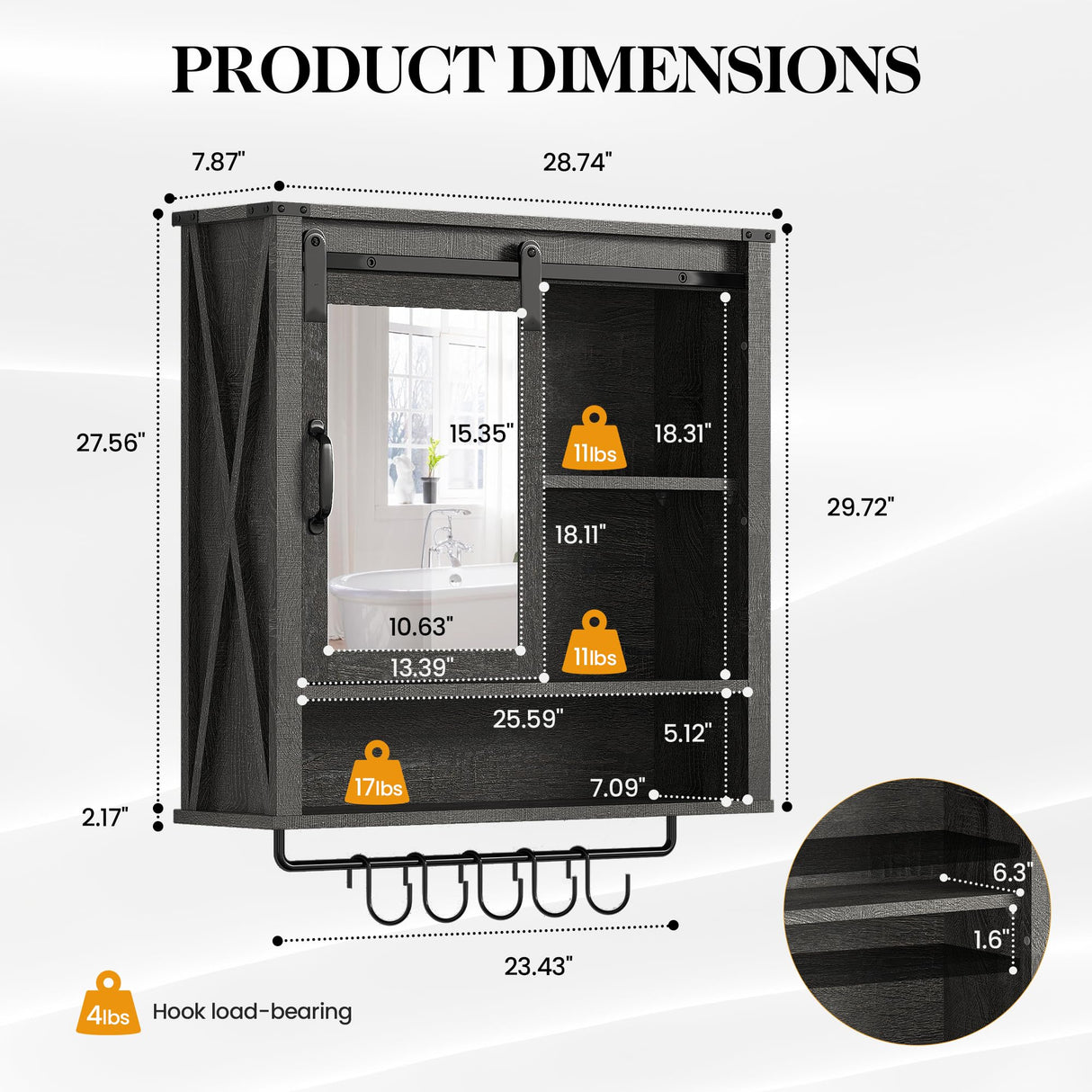 RoyalCraft 28in Bathroom Cabinet Wall Mount with Sliding Mirror Door, Over The Toilet Storage Cabinet, Farmhouse Medicine Cabinet with Shelves and Towel Bar for Living Room, 28" W x 29" H, Dark Grey RoyalCraft