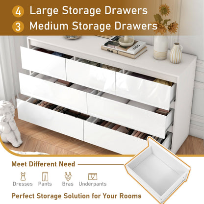 White Malm Dresser for Bedroom, 55 Inch Long Dresser High Gloss Dresser with 7 Drawers, Modern Large Wood Chest of Drawer Handle Free, Dresser for Kids Bedroom, Living Room, Entryway, Hallway, White