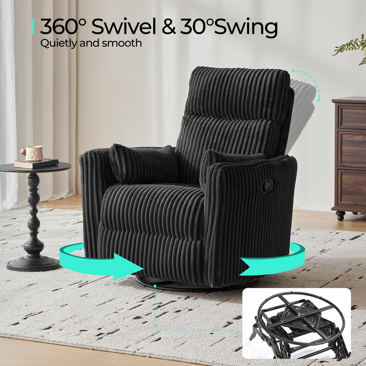 LINSY 360 Swivel Recliner Chair - Corduroy Nursery Glider Rocking Chair with 2 Pillows, Comfy High Back Adult Recliner for Small Spaces, Nursery Bedroom Living Room Reclining (Black) LINSY