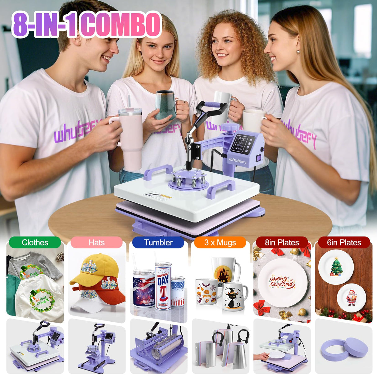 Whubefy 15x15 Heat Press Machine for T Shirts 8 in 1 Combo with 30oz Tumbler Press, Slide Out & Swing Away, Dual Tube Fast Heating, 3 Preset Modes & Counting Function for Bulk DIY Hats, Mugs, Plates Whubefy