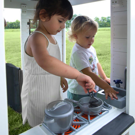 Backyard Discovery Sweetwater All Cedar White Modern Outdoor Wooden Playhouse, Cottage, Sink, Stove, Windows, Kitchen with Pot and Pans and Utensils, Flowerpot Holders, Working Doorbell, Ages 2-6 Backyard Discovery