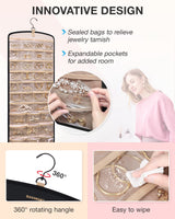 BAGSMART Hanging Jewelry Organizer, Necklace Holder Anti-tangle Earrings Rings Hanger with 20 Jewelry Bags Travel Storage Roll with Pockets Hang on Closet, Wall, Door,1 Piece, Large, Black BAGSMART
