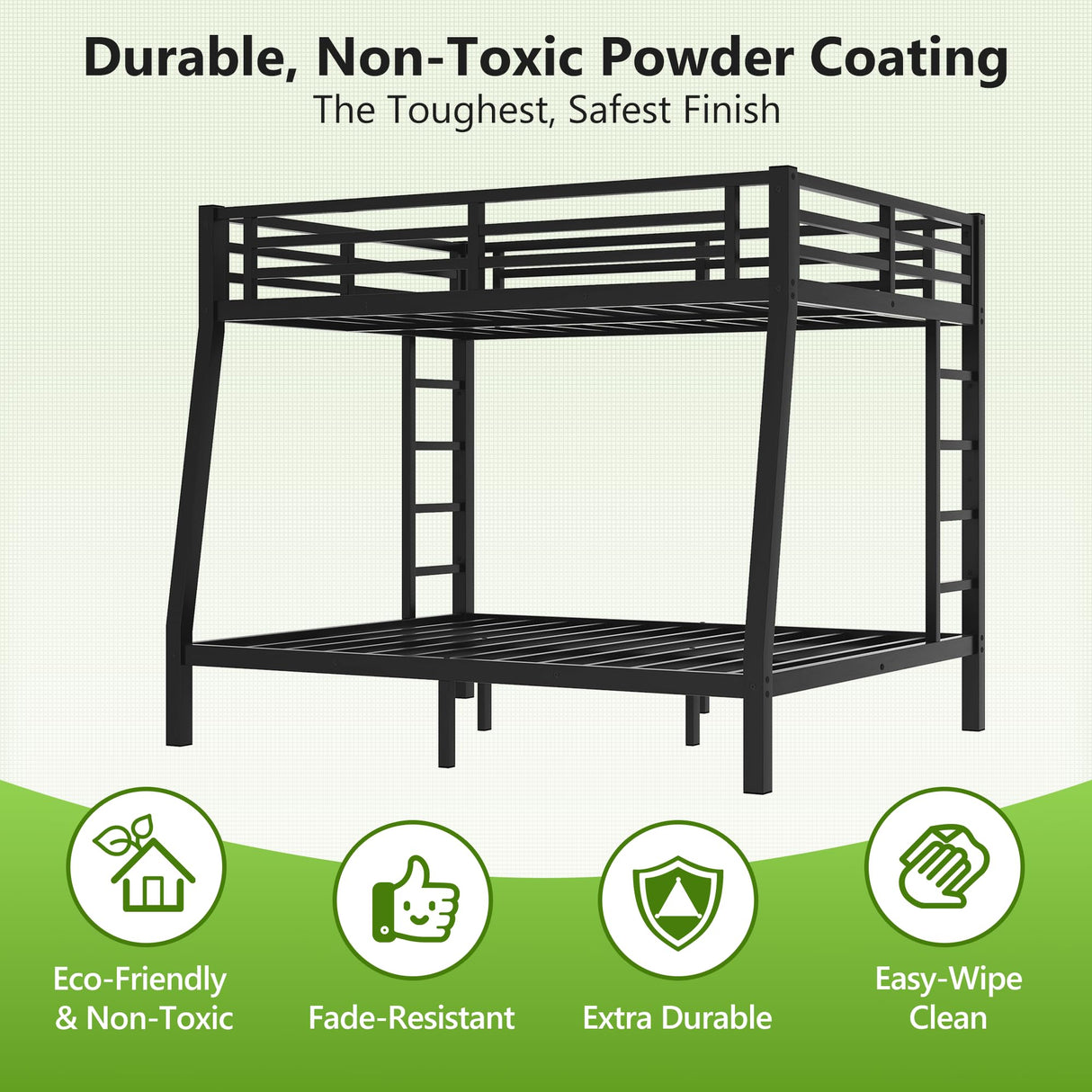 MJQFVM Full XL Over Queen Bunk Bed with 2 Ladders for Adults, Heavy Duty Metal Frame & Full Guardrails, Reinforced No-Sag Metal Slats, Space Saving for Guest Room, Dorm, Kids Bedroom, Black MJQFVM