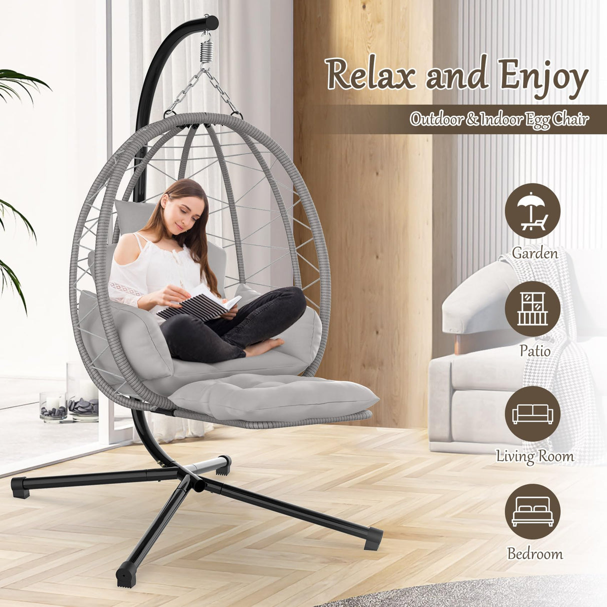 ZENPETIO Hanging Egg Chair with Stand, Removable Leg Rest, UV Resistant Cushion & Pillow, 370lbs Capacity – Indoor & Outdoor Use, Rattan Wicker Swing Egg Chair for Patio, Bedroom, Balcony, Gray ZENPETIO