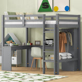 Janusline Twin Size Loft Bed Frame with Built-in L Shaped Desk, Wood Loft Bed with Wardrobe and Storage Shelves, Full-Length Guardrail & Ladder, Heavy Duty Lofts Beds for Teens Adults, Grey Janusline