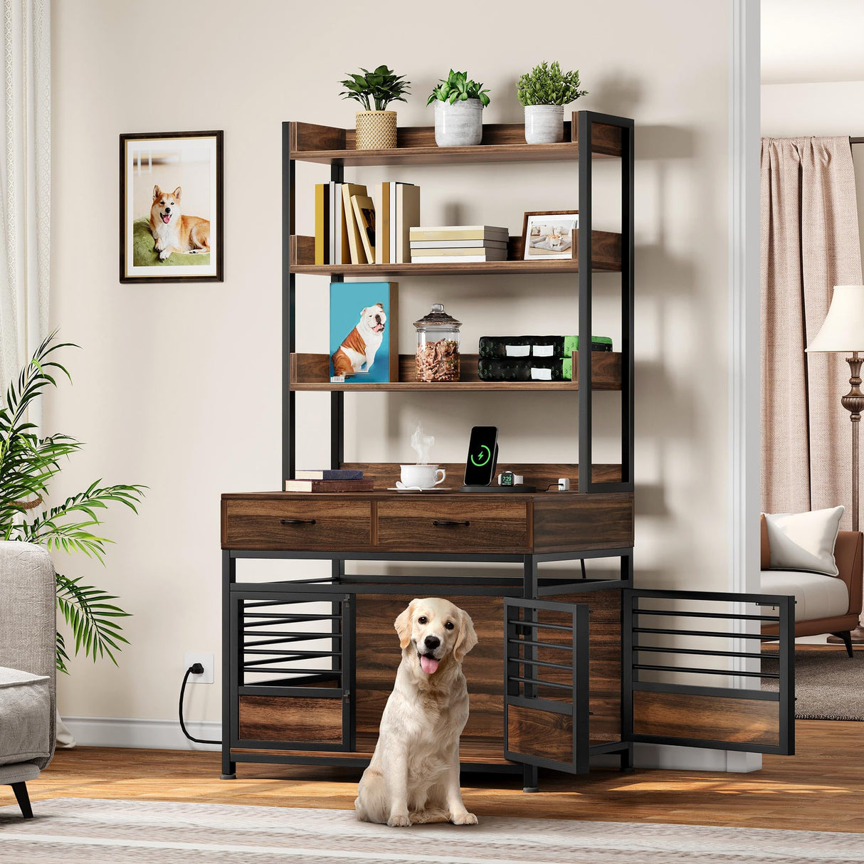 DWVO Dog Crate Furniture with Storage Shelves, Heavy Duty Dog Crate with Drawers & Charging Station, 39 Inch Dog Kennel Indoor Furniture for Large Dogs, Modern Dog Crate with Double Doors, Brown DWVO