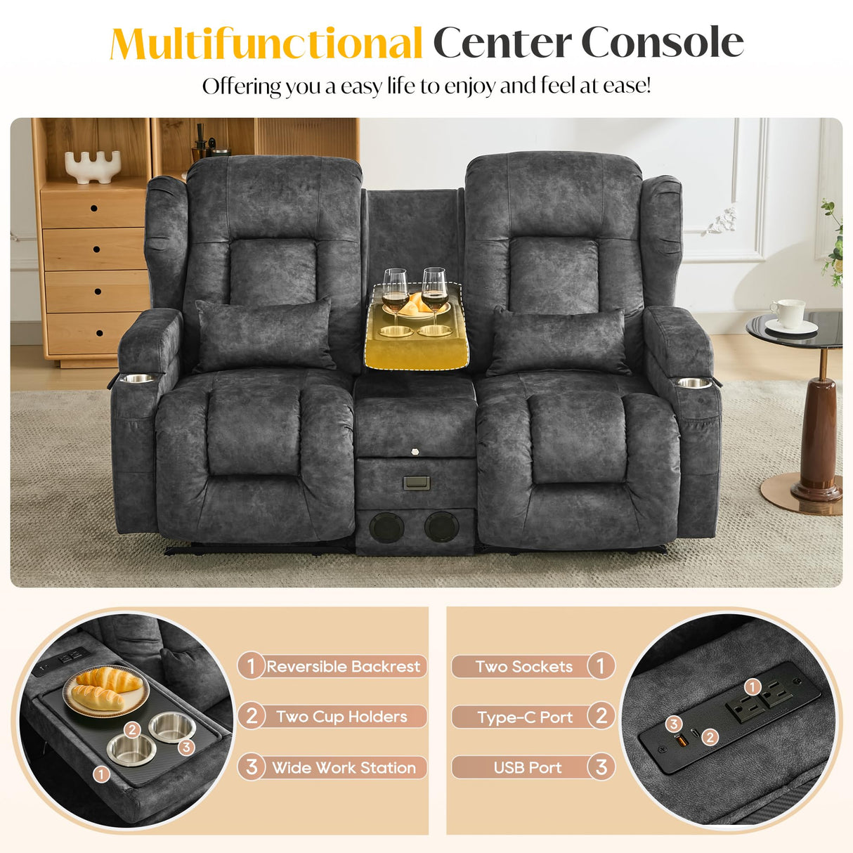 DRMBOOK Loveseat Rocker Recliner Sofa, Velvet Fabric Double Reclining Couches with Console, Manual Reclinable Dual Recliner Chair, RV Movie Theater Seating with USB/Bluetooth Speaker (Velvet Grey) DRMBOOK