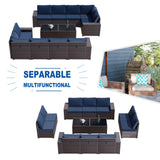 Kullavik Outdoor Patio Furniture Set 12 Pieces Sectional Rattan Sofa Set Brown PE Rattan Wicker Patio Conversation Set with 10 Navy Blue Seat Cushions and 2 Tempered Glass Table Kullavik
